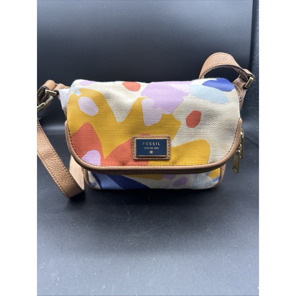 Fossil Preston Floral Pattern Canvas Leather Trim Crossbody Bag Handbag Purse EC